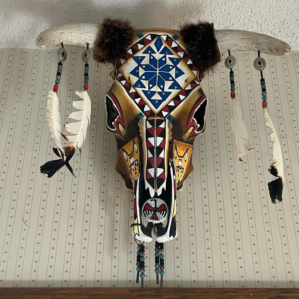 Decorative Bull Skull Wall Art with Feathers